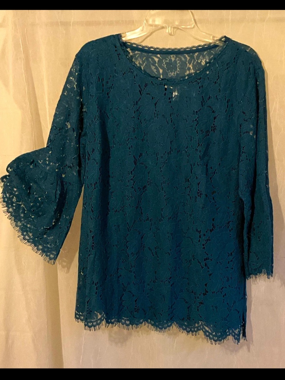 Isaac Mizrahi L Teal Lace Bell-Sleeve Tunic Top